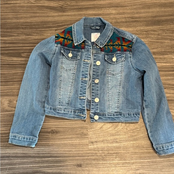 YMI Kids Denim Jacket Medium Tribal Aztec Patch Southwestern Boho Jean Jacket - Picture 1 of 5